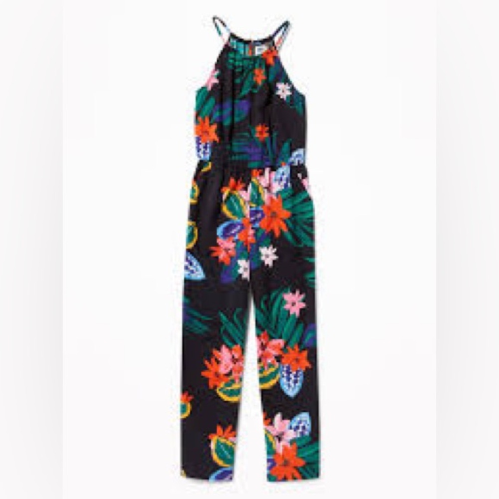 Old Navy girls hawaiian floral black halter jumpsuit with pockets size YL 10/12